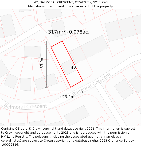 42, BALMORAL CRESCENT, OSWESTRY, SY11 2XG: Plot and title map