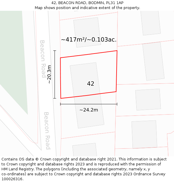 42, BEACON ROAD, BODMIN, PL31 1AP: Plot and title map