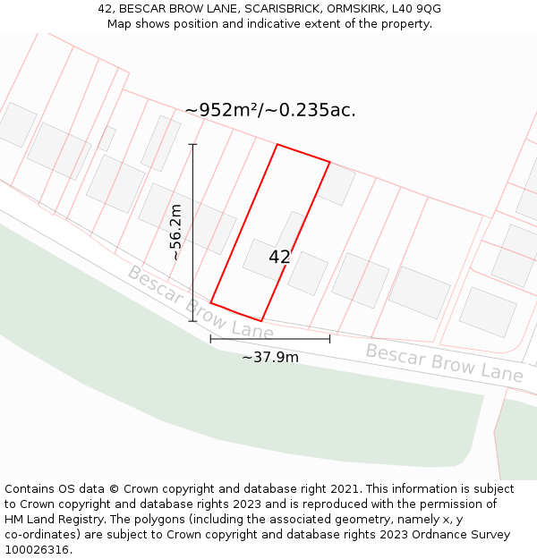 42, BESCAR BROW LANE, SCARISBRICK, ORMSKIRK, L40 9QG: Plot and title map