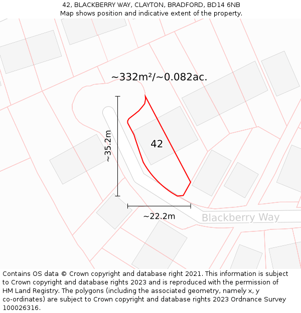 42, BLACKBERRY WAY, CLAYTON, BRADFORD, BD14 6NB: Plot and title map