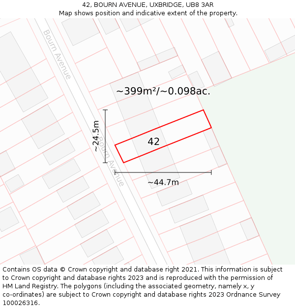 42, BOURN AVENUE, UXBRIDGE, UB8 3AR: Plot and title map