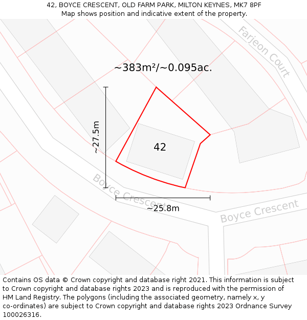 42, BOYCE CRESCENT, OLD FARM PARK, MILTON KEYNES, MK7 8PF: Plot and title map