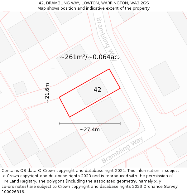 42, BRAMBLING WAY, LOWTON, WARRINGTON, WA3 2GS: Plot and title map