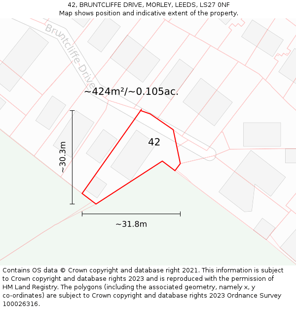 42, BRUNTCLIFFE DRIVE, MORLEY, LEEDS, LS27 0NF: Plot and title map