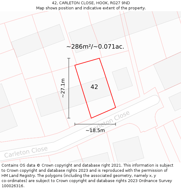 42, CARLETON CLOSE, HOOK, RG27 9ND: Plot and title map