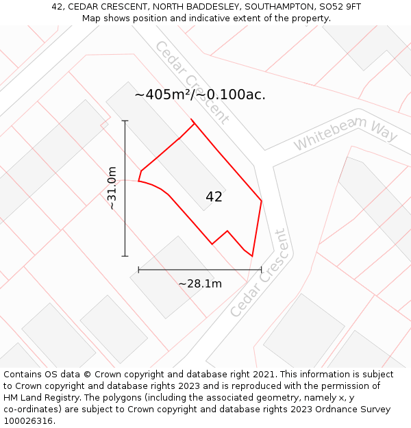 42, CEDAR CRESCENT, NORTH BADDESLEY, SOUTHAMPTON, SO52 9FT: Plot and title map