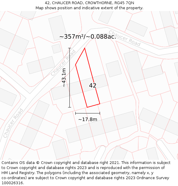 42, CHAUCER ROAD, CROWTHORNE, RG45 7QN: Plot and title map