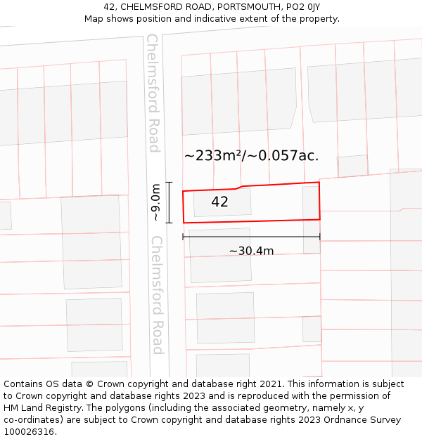 42, CHELMSFORD ROAD, PORTSMOUTH, PO2 0JY: Plot and title map