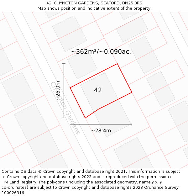 42, CHYNGTON GARDENS, SEAFORD, BN25 3RS: Plot and title map