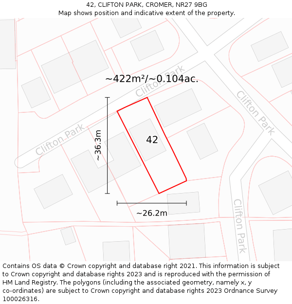 42, CLIFTON PARK, CROMER, NR27 9BG: Plot and title map