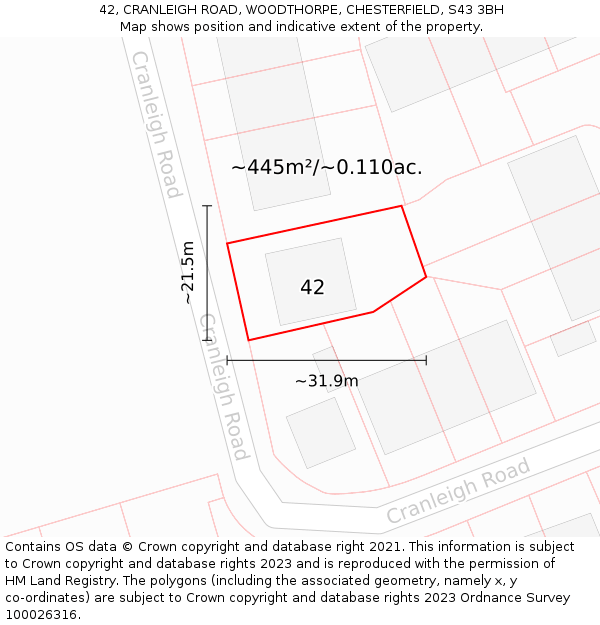 42, CRANLEIGH ROAD, WOODTHORPE, CHESTERFIELD, S43 3BH: Plot and title map