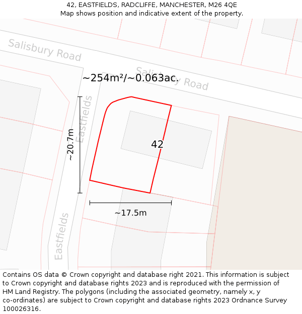 42, EASTFIELDS, RADCLIFFE, MANCHESTER, M26 4QE: Plot and title map