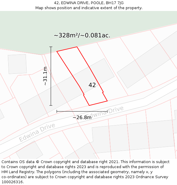 42, EDWINA DRIVE, POOLE, BH17 7JG: Plot and title map