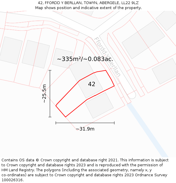 42, FFORDD Y BERLLAN, TOWYN, ABERGELE, LL22 9LZ: Plot and title map