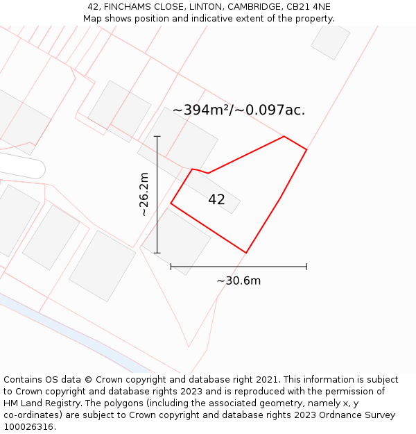 42, FINCHAMS CLOSE, LINTON, CAMBRIDGE, CB21 4NE: Plot and title map