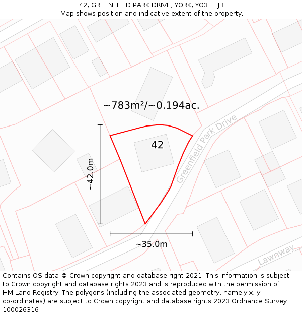 42, GREENFIELD PARK DRIVE, YORK, YO31 1JB: Plot and title map