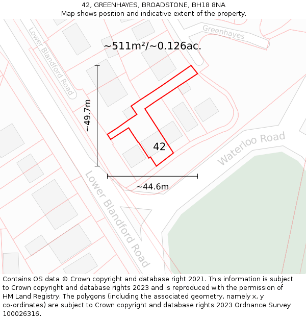 42, GREENHAYES, BROADSTONE, BH18 8NA: Plot and title map