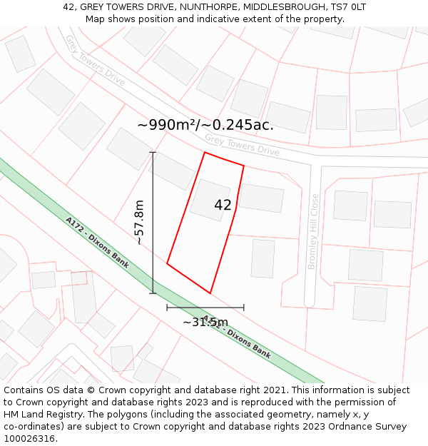 42, GREY TOWERS DRIVE, NUNTHORPE, MIDDLESBROUGH, TS7 0LT: Plot and title map