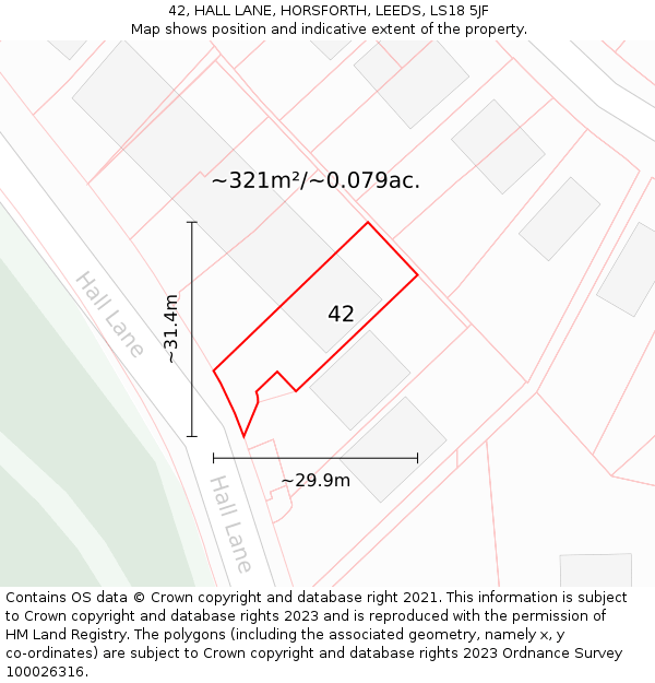 42, HALL LANE, HORSFORTH, LEEDS, LS18 5JF: Plot and title map