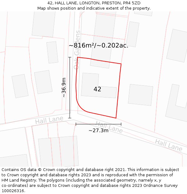 42, HALL LANE, LONGTON, PRESTON, PR4 5ZD: Plot and title map