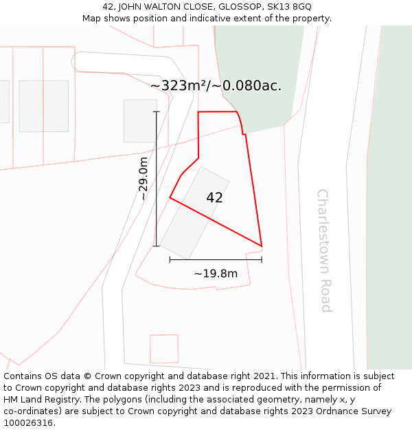 42, JOHN WALTON CLOSE, GLOSSOP, SK13 8GQ: Plot and title map