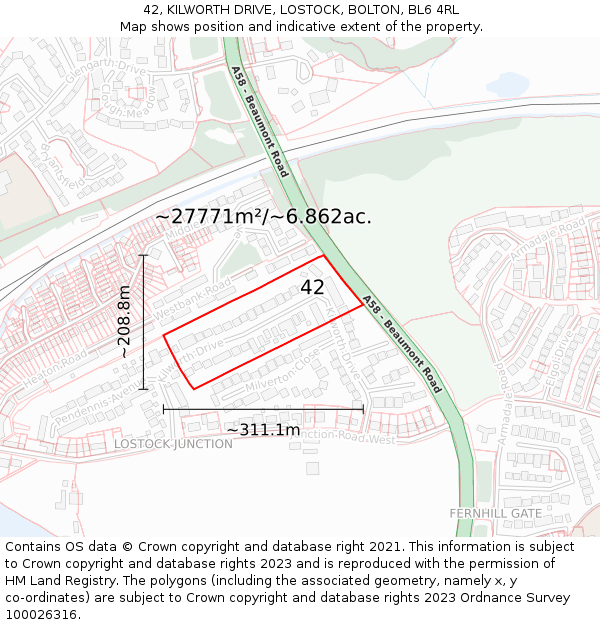 42, KILWORTH DRIVE, LOSTOCK, BOLTON, BL6 4RL: Plot and title map