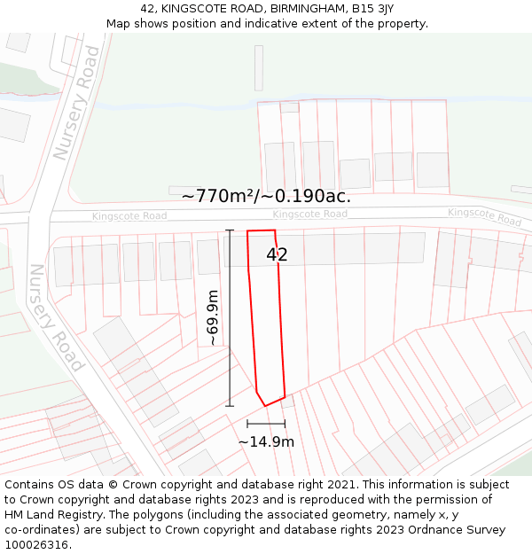 42, KINGSCOTE ROAD, BIRMINGHAM, B15 3JY: Plot and title map