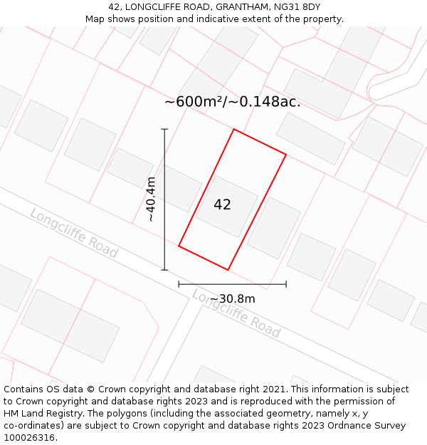 42, LONGCLIFFE ROAD, GRANTHAM, NG31 8DY: Plot and title map