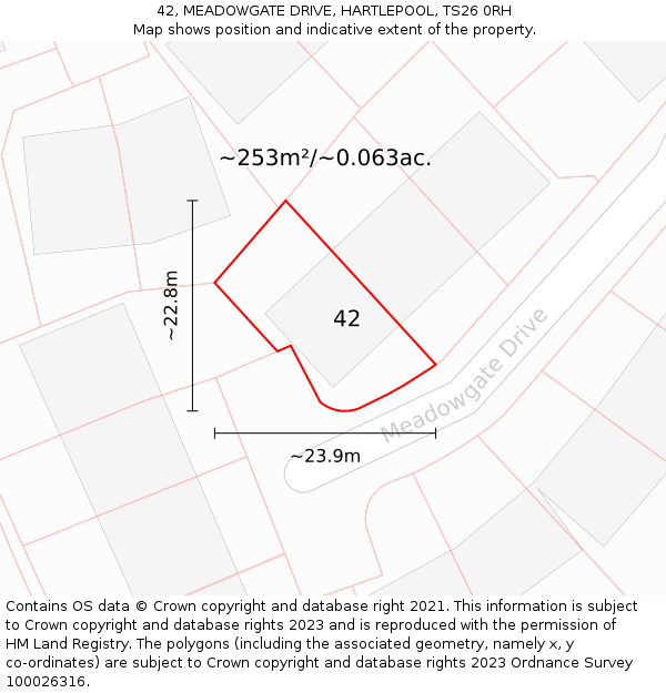 42, MEADOWGATE DRIVE, HARTLEPOOL, TS26 0RH: Plot and title map