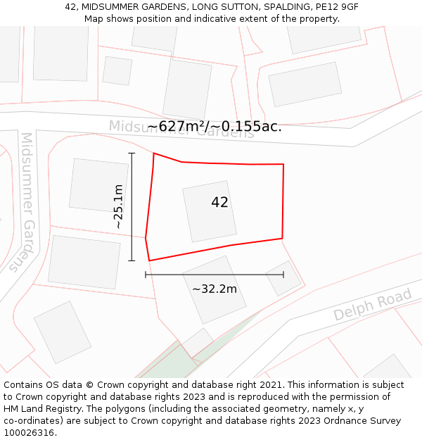 42, MIDSUMMER GARDENS, LONG SUTTON, SPALDING, PE12 9GF: Plot and title map