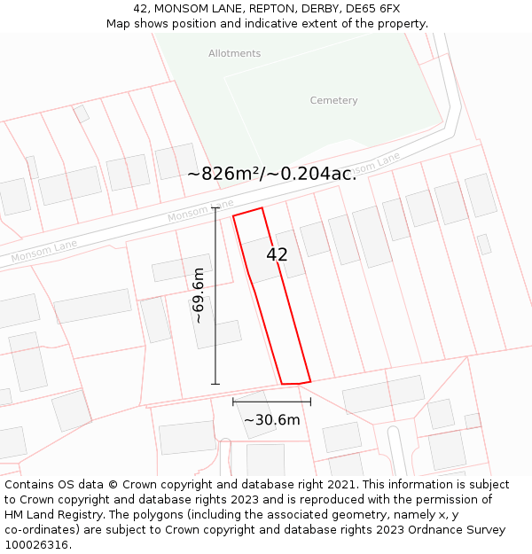 42, MONSOM LANE, REPTON, DERBY, DE65 6FX: Plot and title map