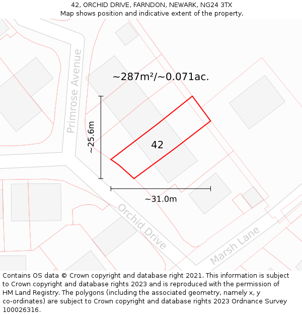 42, ORCHID DRIVE, FARNDON, NEWARK, NG24 3TX: Plot and title map