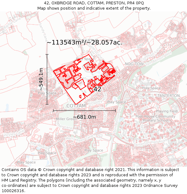 42, OXBRIDGE ROAD, COTTAM, PRESTON, PR4 0PQ: Plot and title map