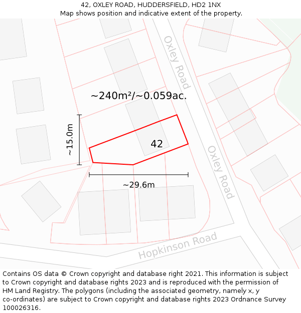 42, OXLEY ROAD, HUDDERSFIELD, HD2 1NX: Plot and title map