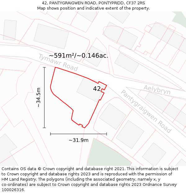 42, PANTYGRAIGWEN ROAD, PONTYPRIDD, CF37 2RS: Plot and title map