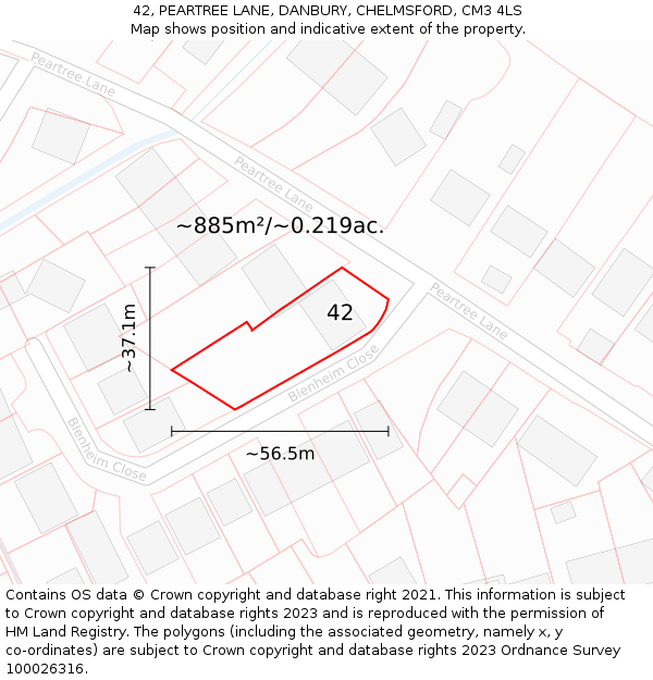 42, PEARTREE LANE, DANBURY, CHELMSFORD, CM3 4LS: Plot and title map