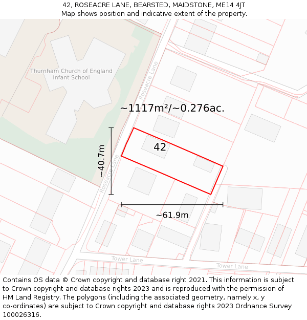 42, ROSEACRE LANE, BEARSTED, MAIDSTONE, ME14 4JT: Plot and title map