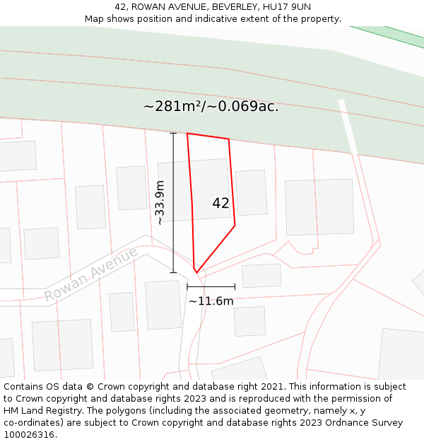 42, ROWAN AVENUE, BEVERLEY, HU17 9UN: Plot and title map