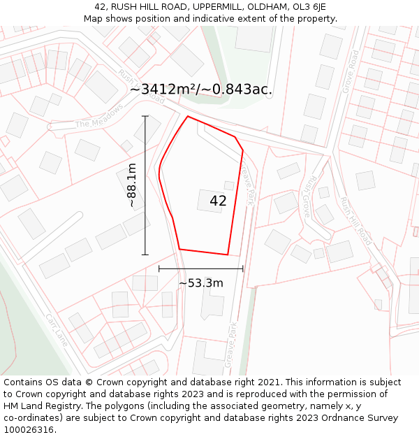 42, RUSH HILL ROAD, UPPERMILL, OLDHAM, OL3 6JE: Plot and title map