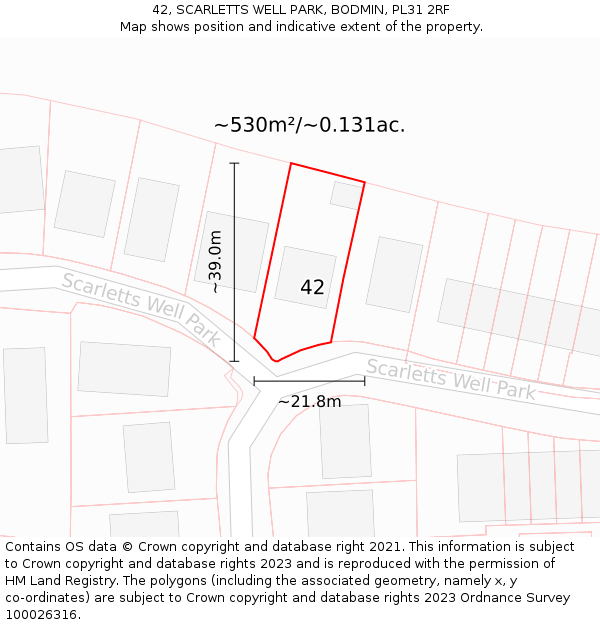 42, SCARLETTS WELL PARK, BODMIN, PL31 2RF: Plot and title map