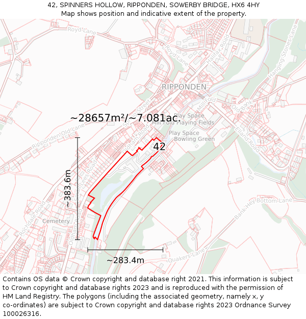 42, SPINNERS HOLLOW, RIPPONDEN, SOWERBY BRIDGE, HX6 4HY: Plot and title map