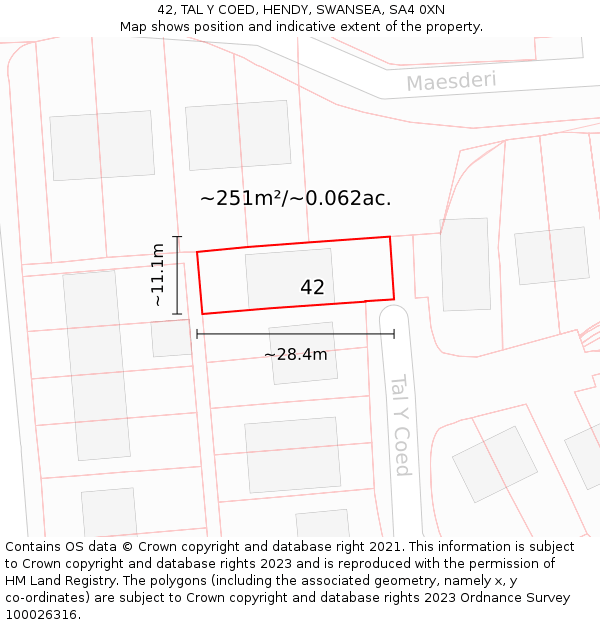 42, TAL Y COED, HENDY, SWANSEA, SA4 0XN: Plot and title map