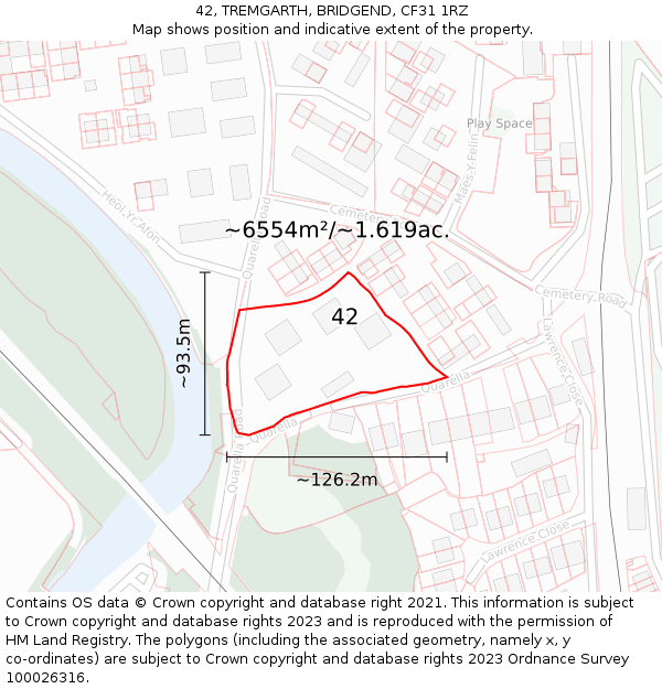 42, TREMGARTH, BRIDGEND, CF31 1RZ: Plot and title map