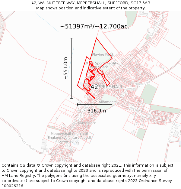 42, WALNUT TREE WAY, MEPPERSHALL, SHEFFORD, SG17 5AB: Plot and title map