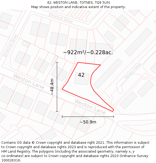 42, WESTON LANE, TOTNES, TQ9 5UN: Plot and title map