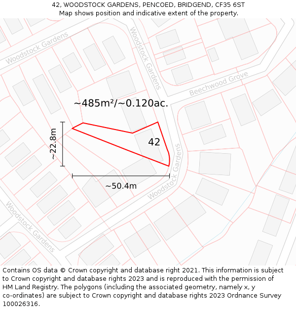 42, WOODSTOCK GARDENS, PENCOED, BRIDGEND, CF35 6ST: Plot and title map