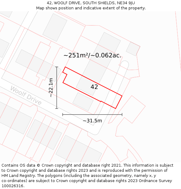 42, WOOLF DRIVE, SOUTH SHIELDS, NE34 9JU: Plot and title map