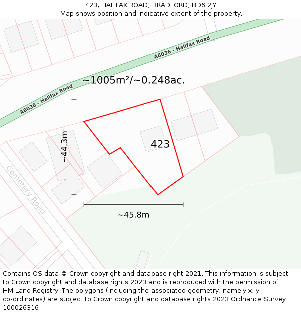 423, HALIFAX ROAD, BRADFORD, BD6 2JY: Plot and title map