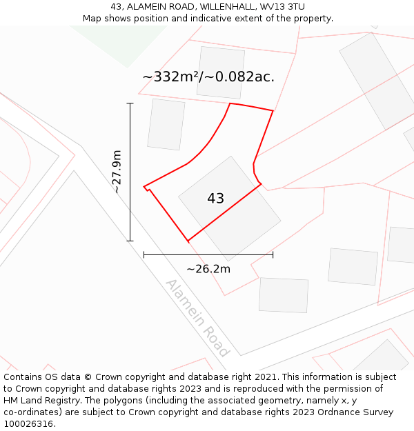 43, ALAMEIN ROAD, WILLENHALL, WV13 3TU: Plot and title map