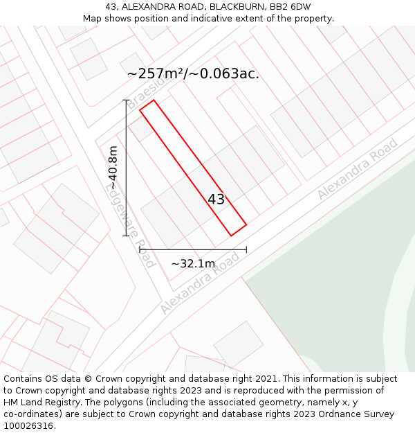 43, ALEXANDRA ROAD, BLACKBURN, BB2 6DW: Plot and title map